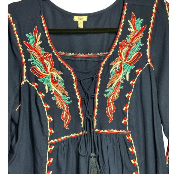 Reba Slit Sleeve Embroidered Navy India Tie Front Bohemian Hippie Tunic Size L - Picture 3 of 9